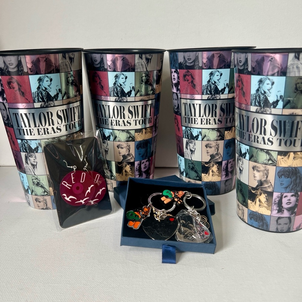 Taylor Swift The Eras Tour Tumblers, Swiftie Bag Charms and Red Album Earrings